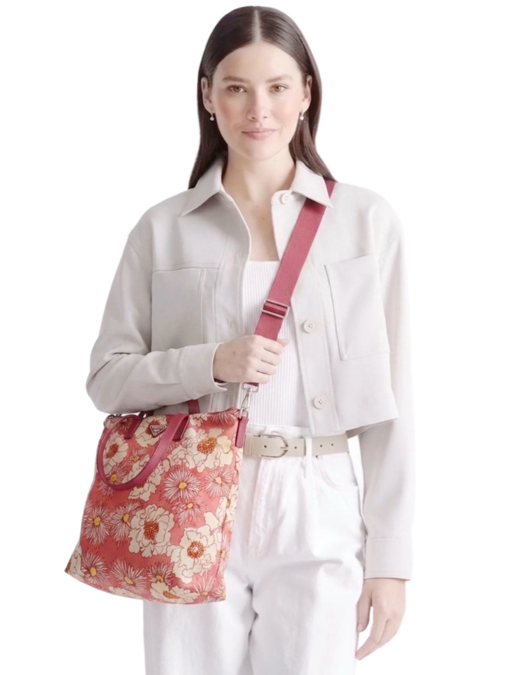 Prada Tessuto Stampato Floral Nylon Tote Bag/Crossbody — Pink & White